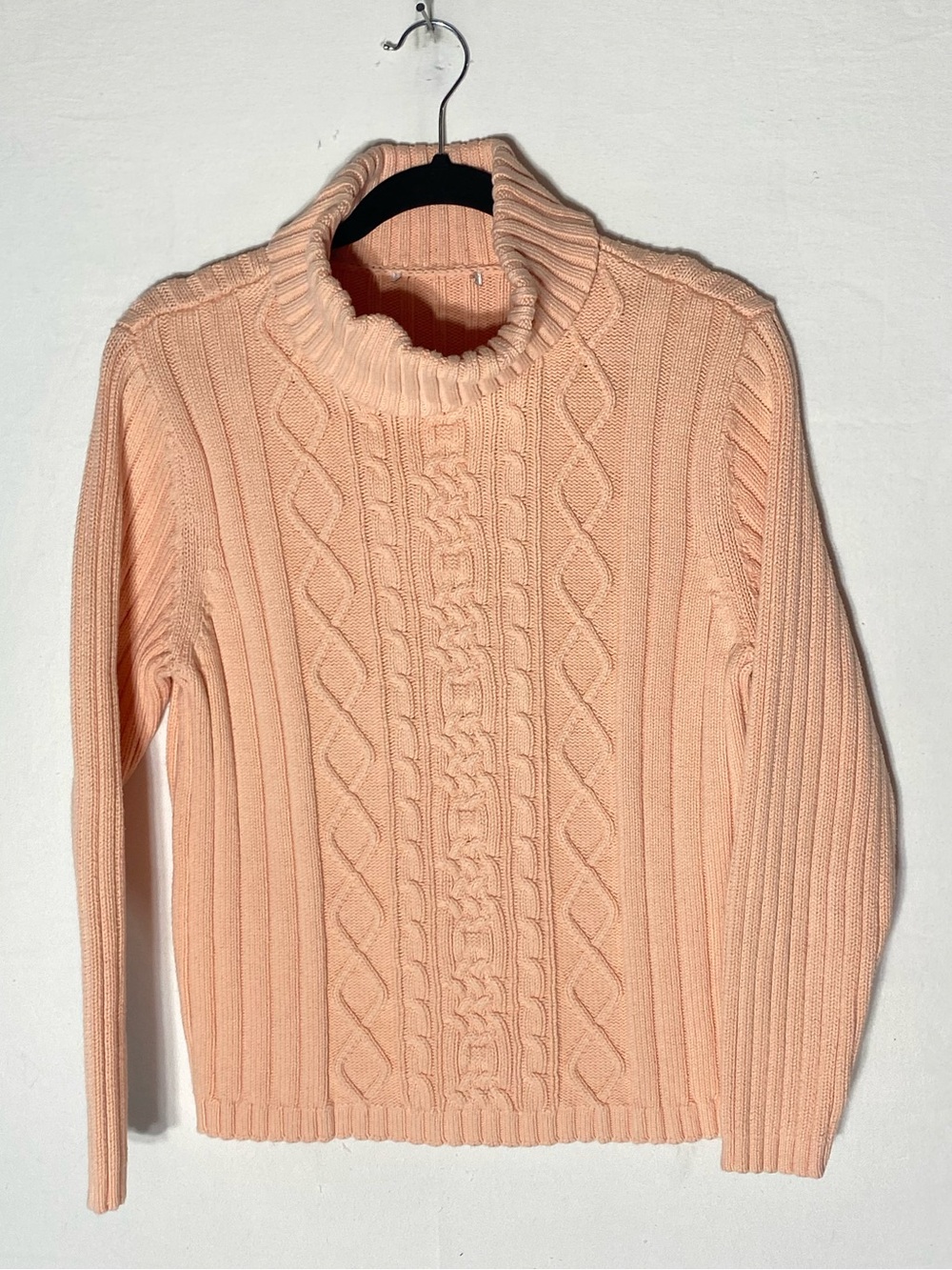 Vintage 90s Y2K Peach Ribbed Knit Cable Front Turtleneck Sweater XS